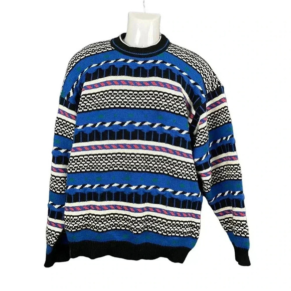 VTG Knit Pullover Sweater XL Crew Neck Blue White Kitsch 1990s Lightning Bolt - Picture 1 of 8